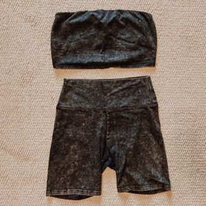 Black Acid Wash Bandeau and Biker Short Set Aerie